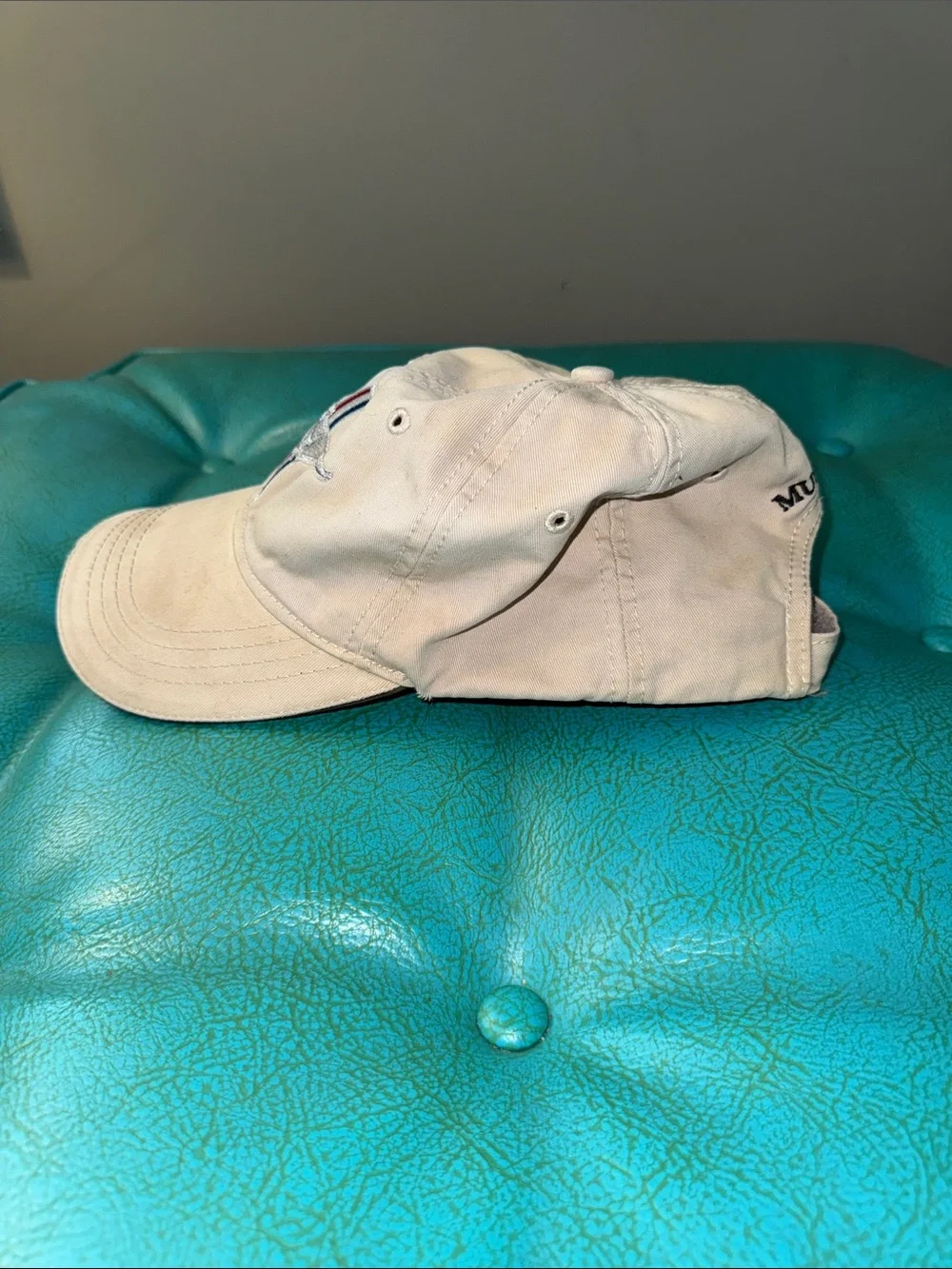 Distressed worn embroidered Mustang Velcro back cap hat